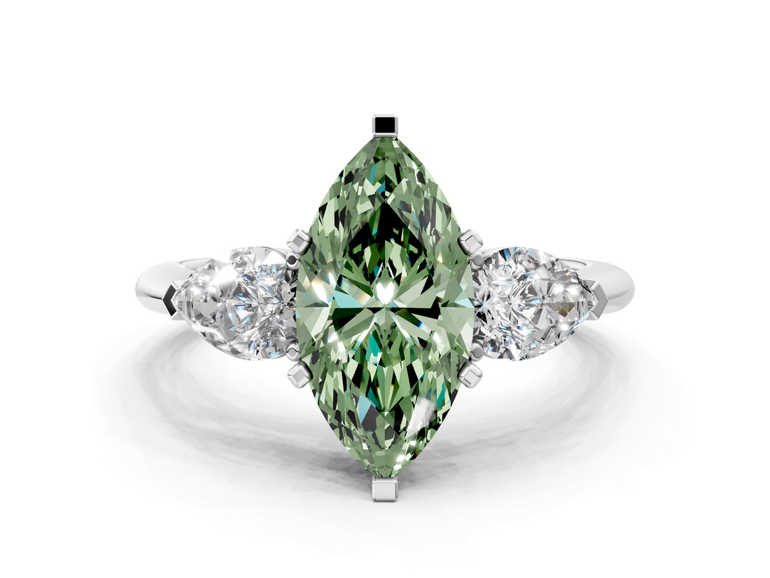 White gold Three-Stone Fancy Green Marquise  Diamond Ring with Pear Side Stones in Four-Prong Setting_88
