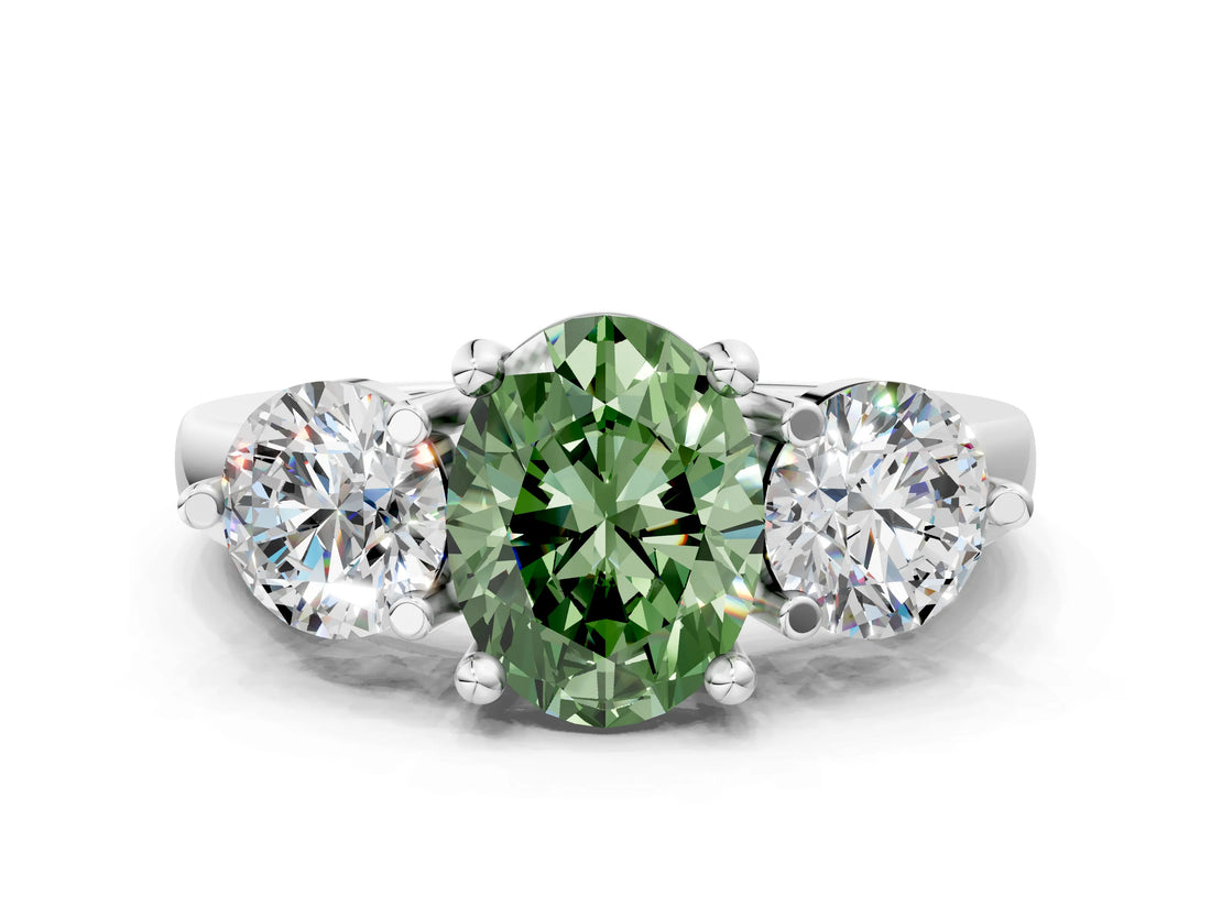White gold Three-Stone Fancy Green Oval  Brilliant Cut Solitaire Ring with Prong Setting on a Classic Band