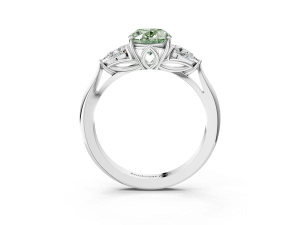 Platinum Three-Stone Fancy Green Oval Cut Brilliant Diamond Solitaire Ring with Tapered Band and Four-Prong Setting