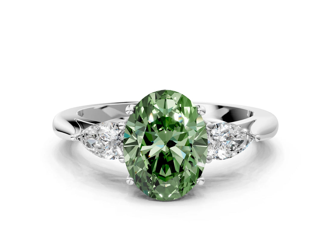 White gold Three-Stone Fancy Green Oval Cut Brilliant Diamond Solitaire Ring with Tapered Band and Four-Prong Setting_38