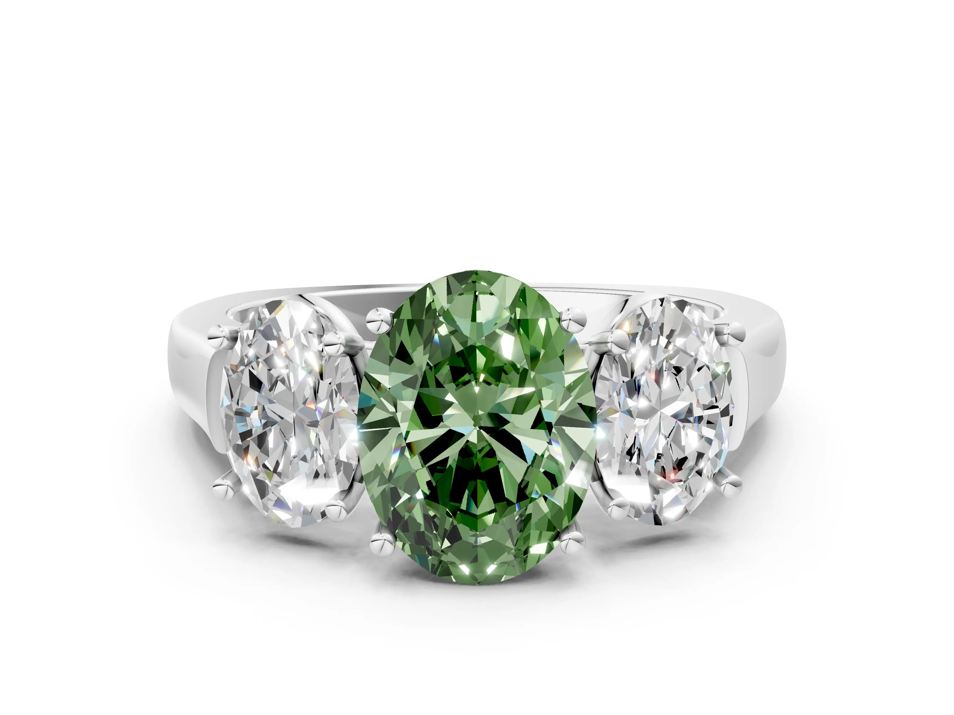White gold Three-Stone Fancy Green Oval Cut Brilliant Diamond Trellis Ring with Comfort Fit Band_12