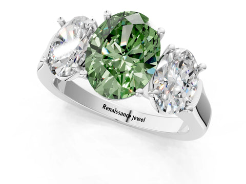 White gold Three-Stone Fancy Green Oval Cut Brilliant Diamond Trellis Ring with Comfort Fit Band_13