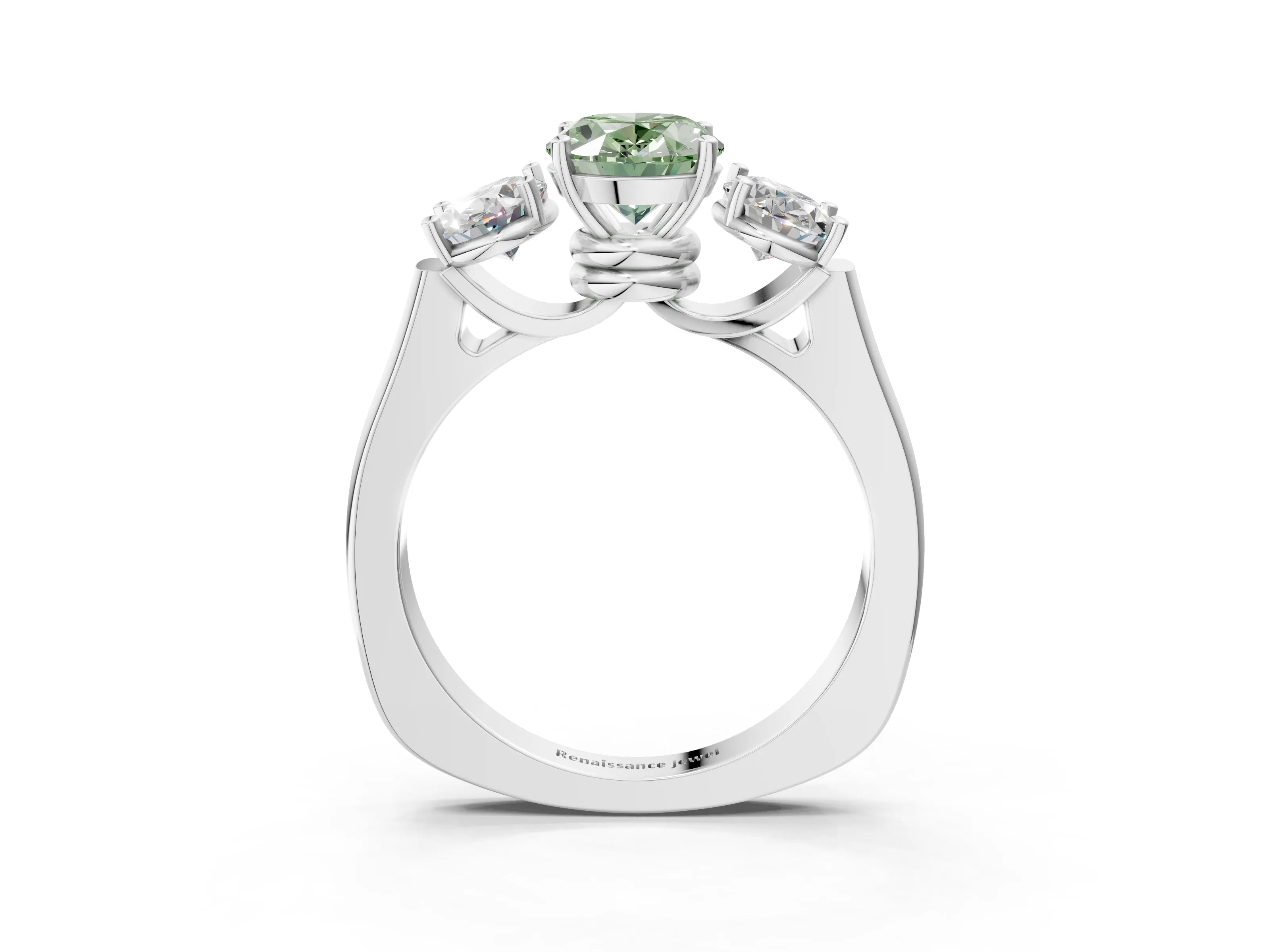 White gold Three-Stone Fancy Green Oval Cut Brilliant Diamond Trellis Ring with Comfort Fit Band_15