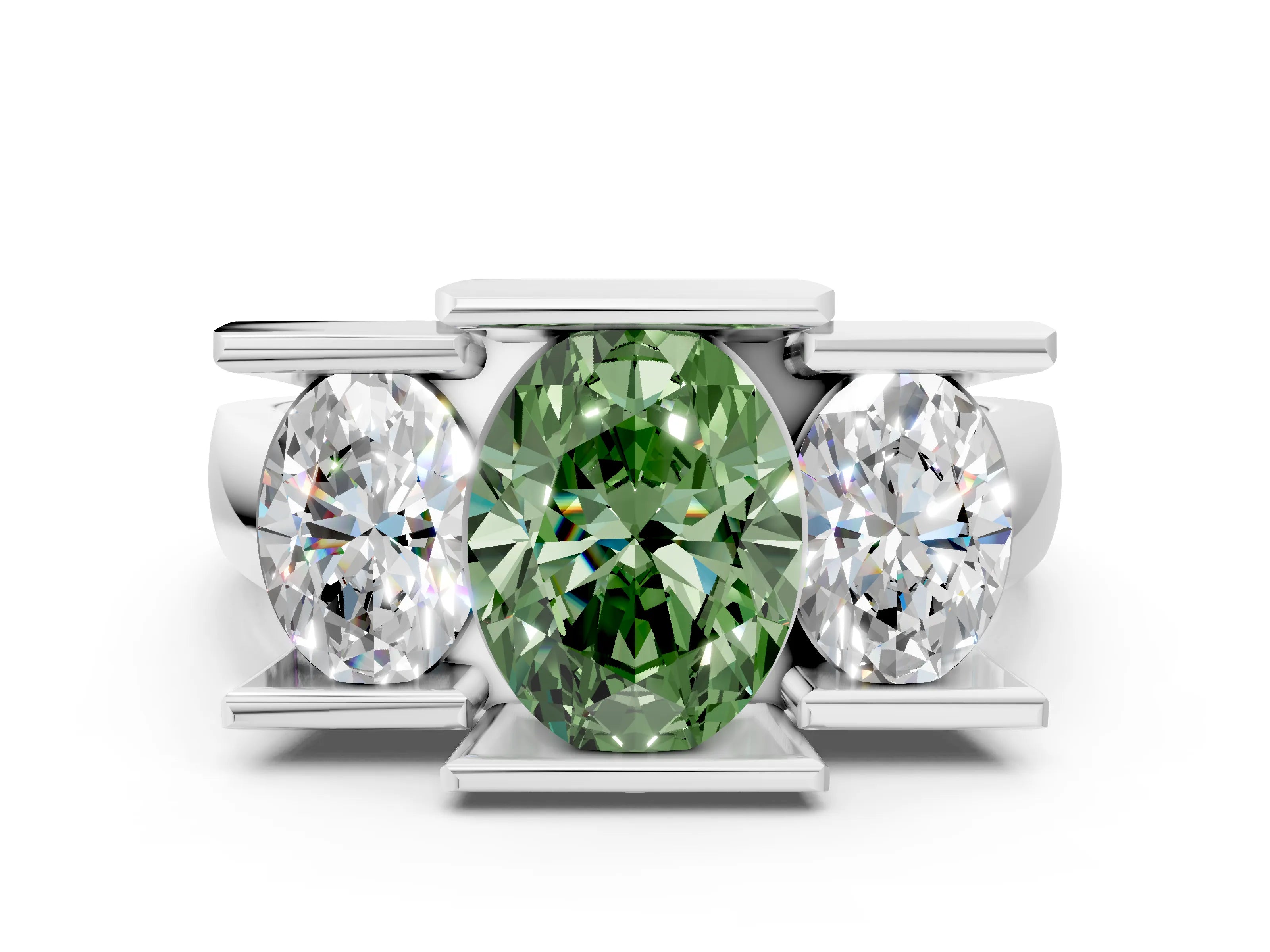 White gold Three Stone Fancy Green Oval Cut Cut Channel Set Diamond Ring_24