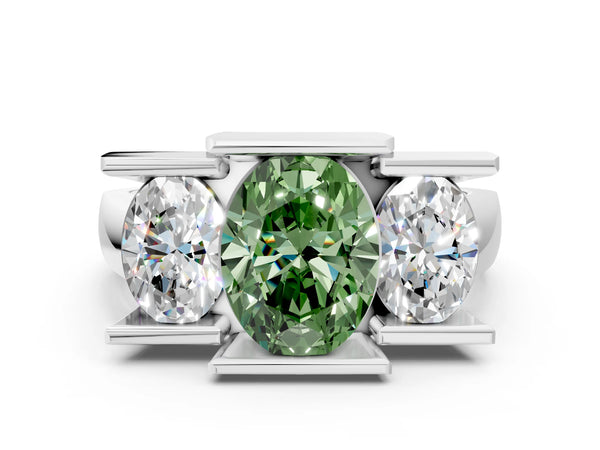White gold Three Stone Fancy Green Oval Cut Cut Channel Set Diamond Ring