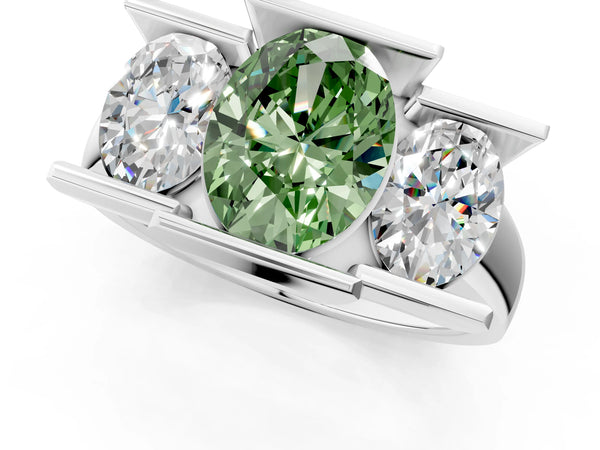 White gold Three Stone Fancy Green Oval Cut Cut Channel Set Diamond Ring