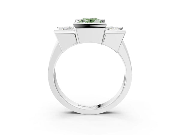 White gold Three Stone Fancy Green Oval Cut Cut Channel Set Diamond Ring