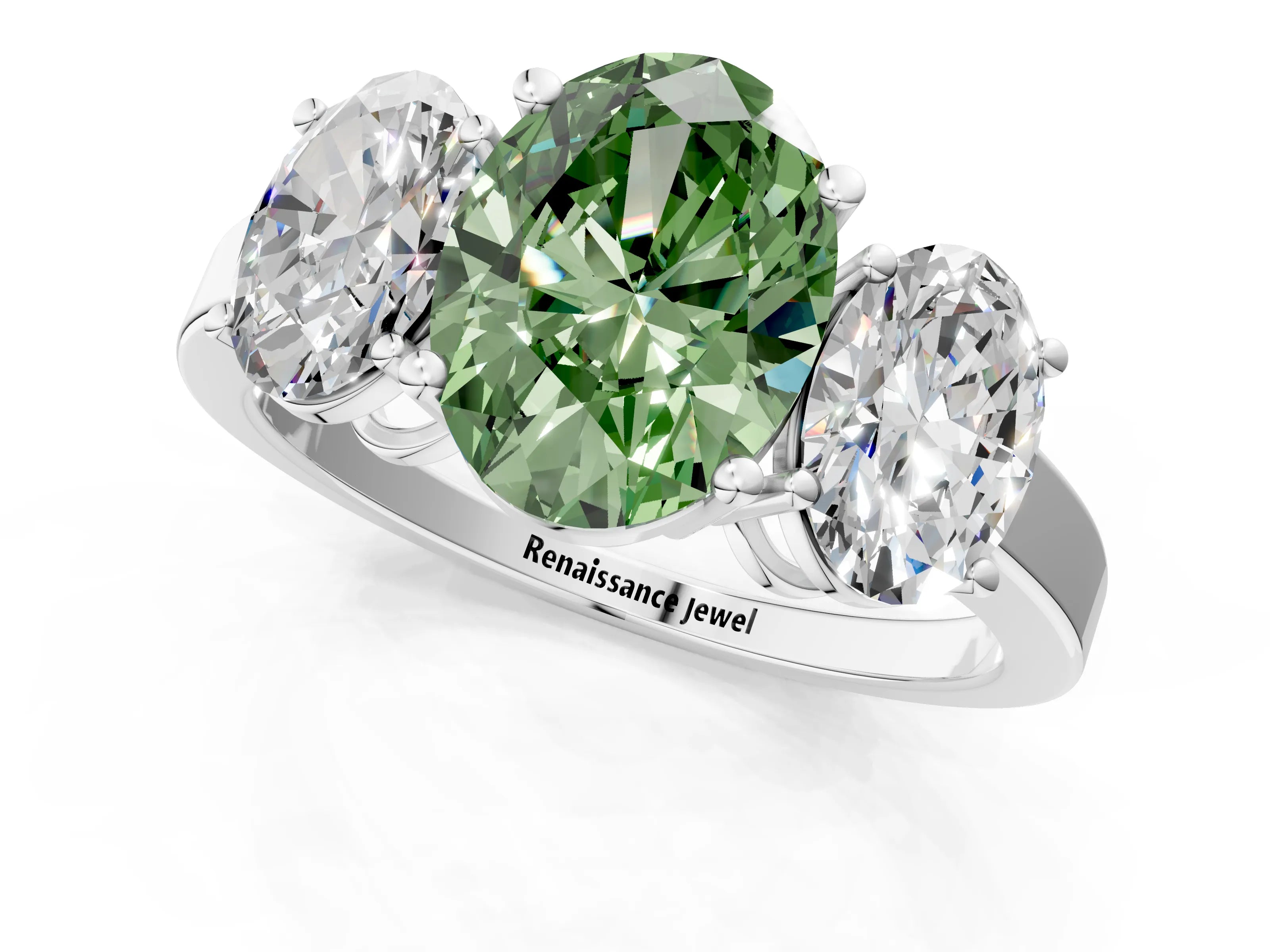 White gold Three-Stone Fancy Green Oval Cut Cut Diamond Engagement Ring with Flat Band and Four-Prong Setting_1