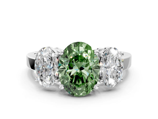 White gold Three-Stone Fancy Green Oval Cut Cut Diamond Engagement Ring with Flat Band and Four-Prong Setting