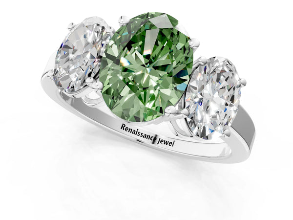 White gold Three-Stone Fancy Green Oval Cut Cut Diamond Engagement Ring with Flat Band and Four-Prong Setting
