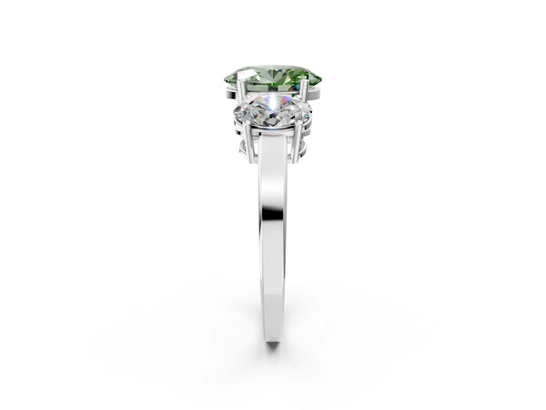 White gold Three-Stone Fancy Green Oval Cut Cut Diamond Engagement Ring with Flat Band and Four-Prong Setting