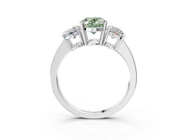 White gold Three-Stone Fancy Green Oval Cut Cut Diamond Engagement Ring with Flat Band and Four-Prong Setting