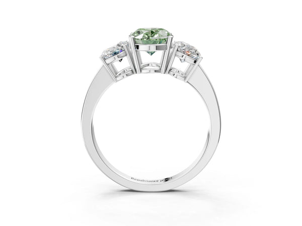 White gold Three-Stone Fancy Green Oval Cut Cut Diamond Engagement Ring with Flat Band and Four-Prong Setting