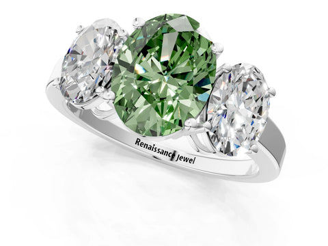 White gold Three-Stone Fancy Green Oval Cut Cut Diamond Engagement Ring with Flat Band and Four-Prong Setting_1