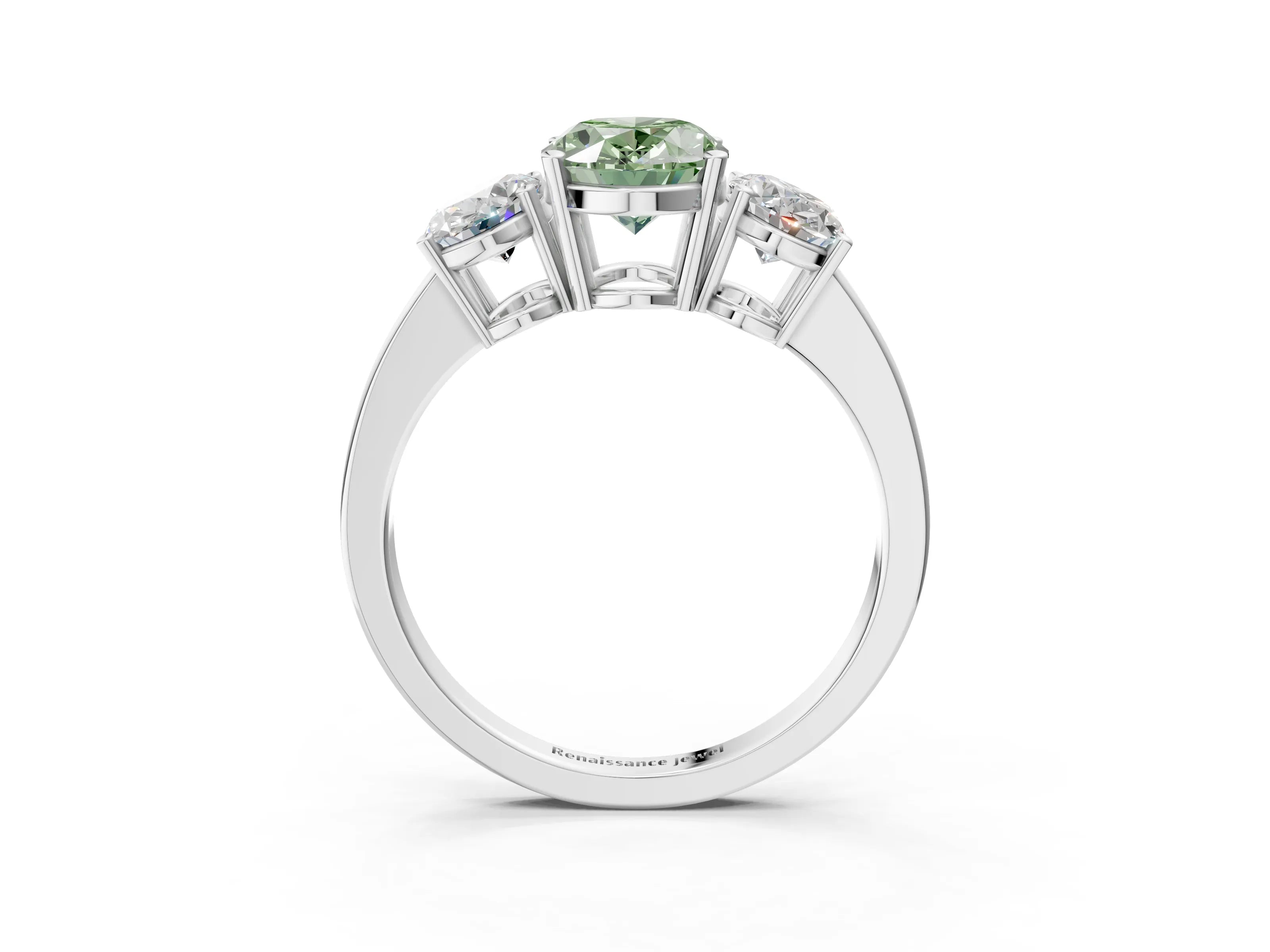 White gold Three-Stone Fancy Green Oval Cut Cut Diamond Engagement Ring with Flat Band and Four-Prong Setting_3