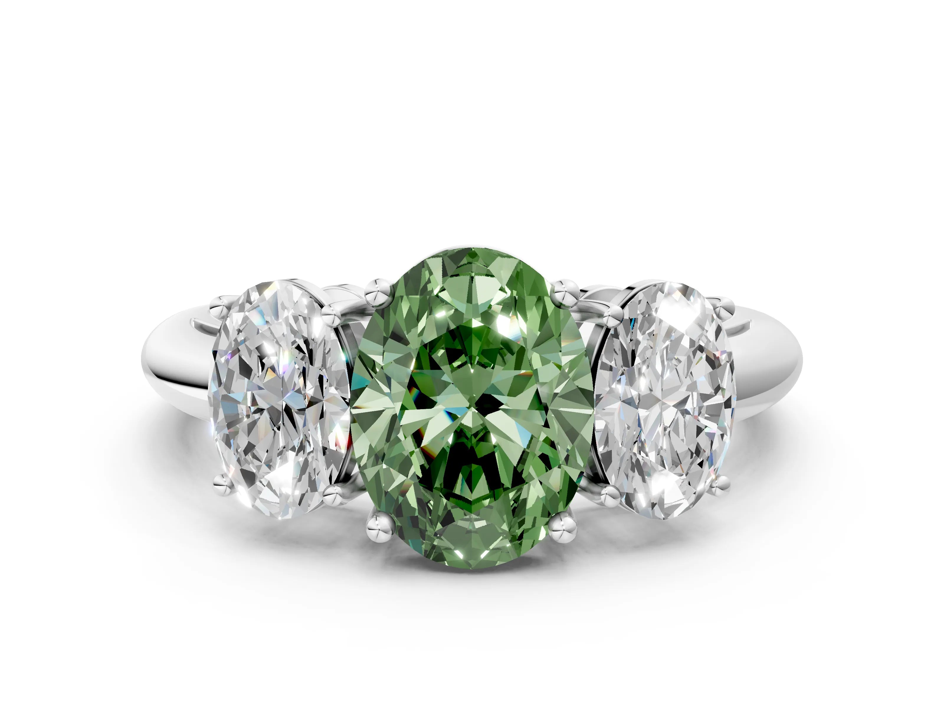 White gold Three-Stone Fancy Green Oval Cut Cut Diamond Engagement Ring with Prong Setting on a White Gold Band_12