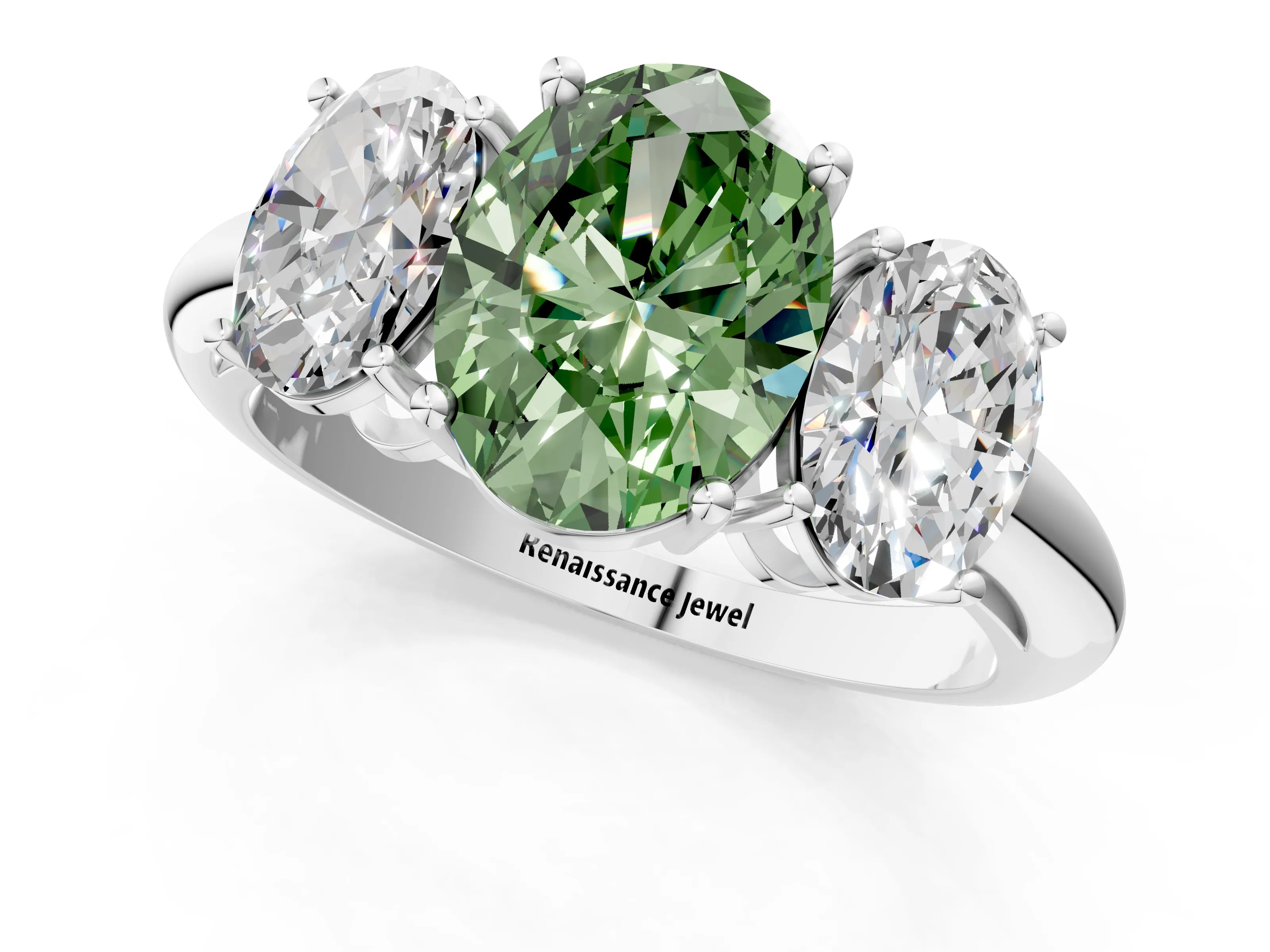 White gold Three-Stone Fancy Green Oval Cut Cut Diamond Engagement Ring with Prong Setting on a White Gold Band_13