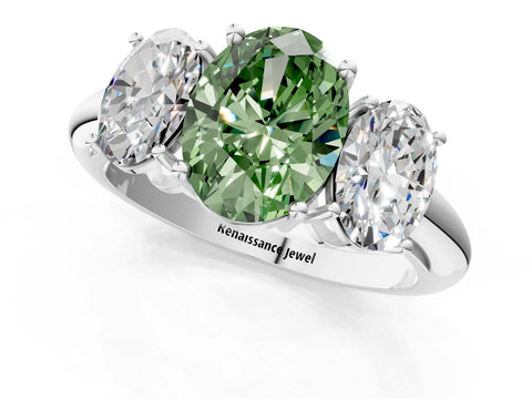 White gold Three-Stone Fancy Green Oval Cut Cut Diamond Engagement Ring with Prong Setting on a White Gold Band_13