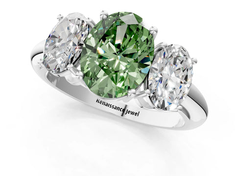 White gold Three-Stone Fancy Green Oval Cut Cut Diamond Engagement Ring with Prong Setting on a White Gold Band_13