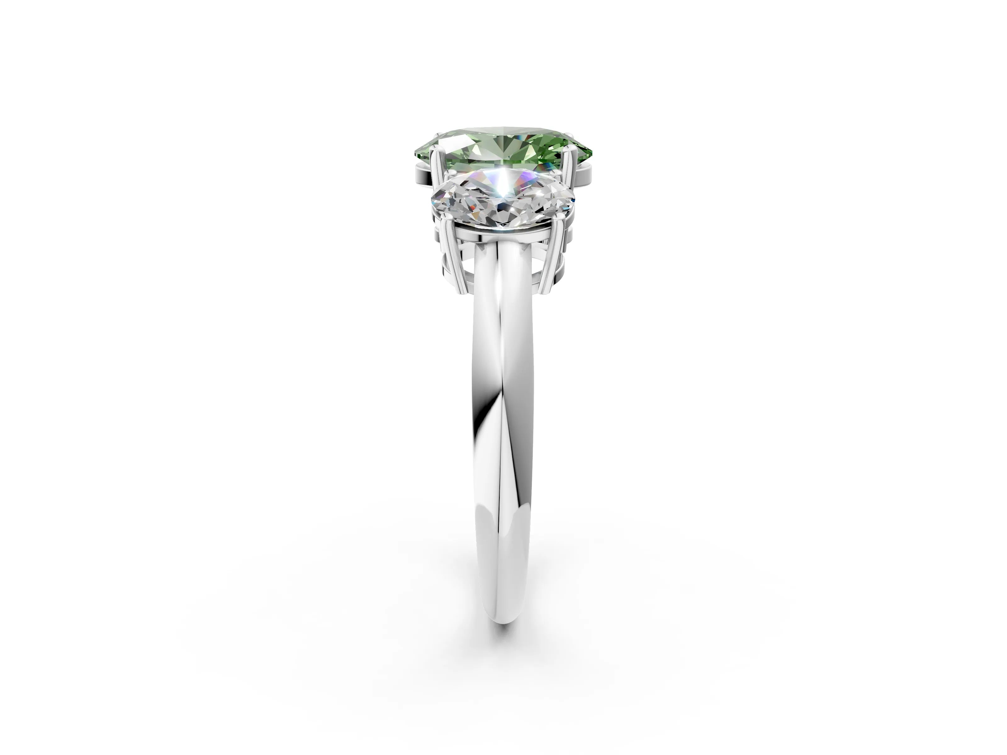 White gold Three-Stone Fancy Green Oval Cut Cut Diamond Engagement Ring with Prong Setting on a White Gold Band_14