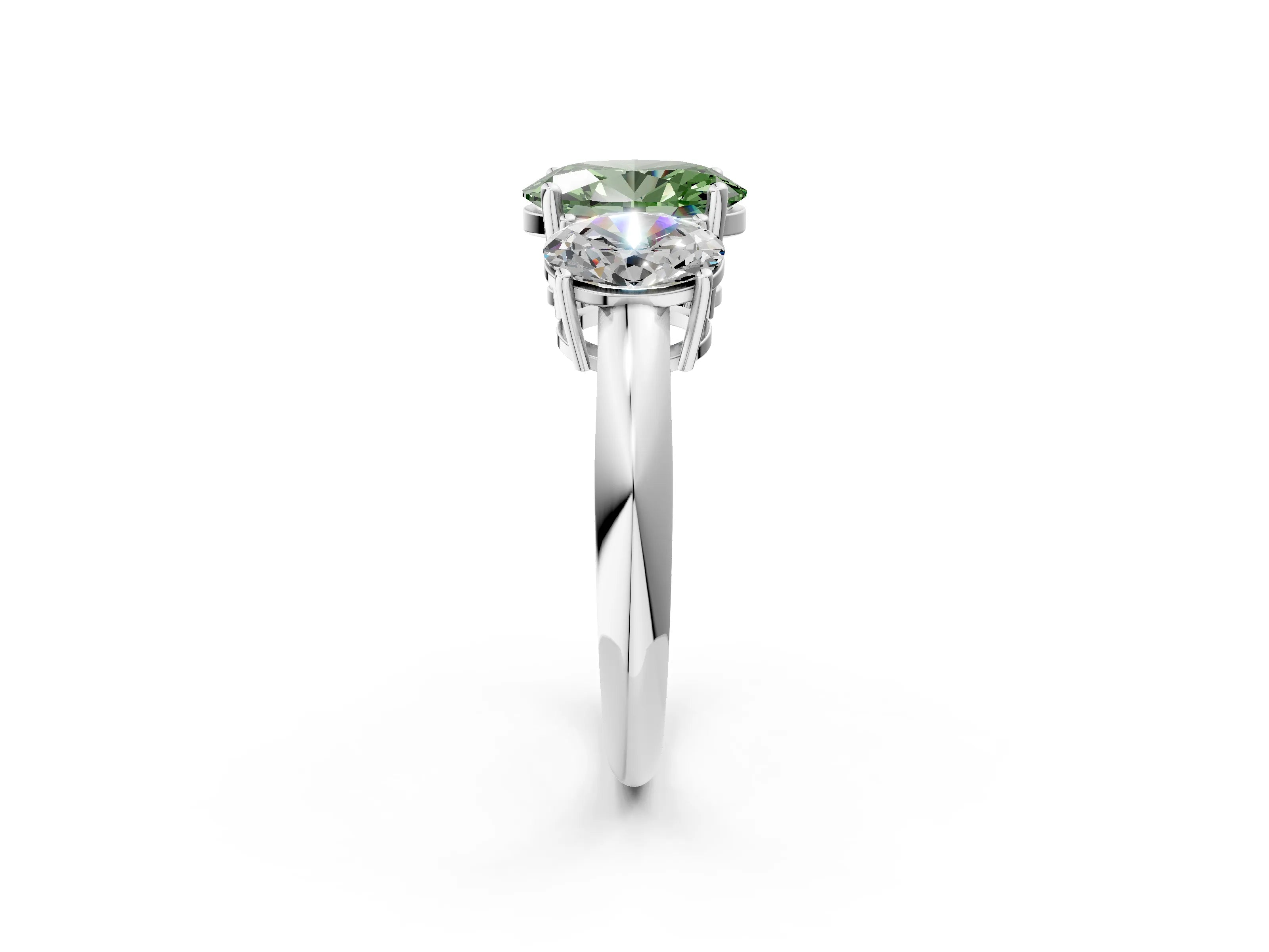White gold Three-Stone Fancy Green Oval Cut Cut Diamond Engagement Ring with Prong Setting on a White Gold Band_14