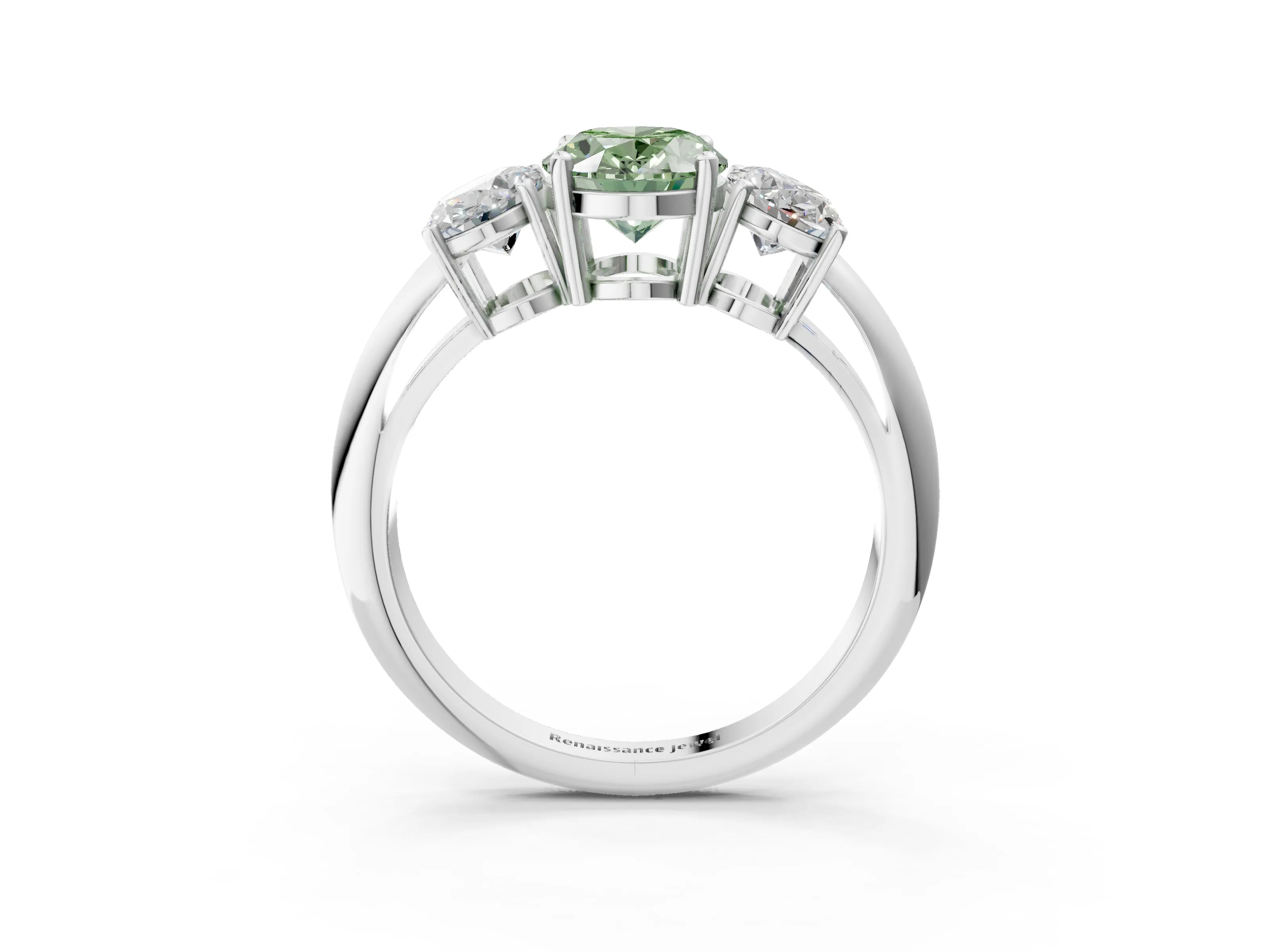 White gold Three-Stone Fancy Green Oval Cut Cut Diamond Engagement Ring with Prong Setting on a White Gold Band_15