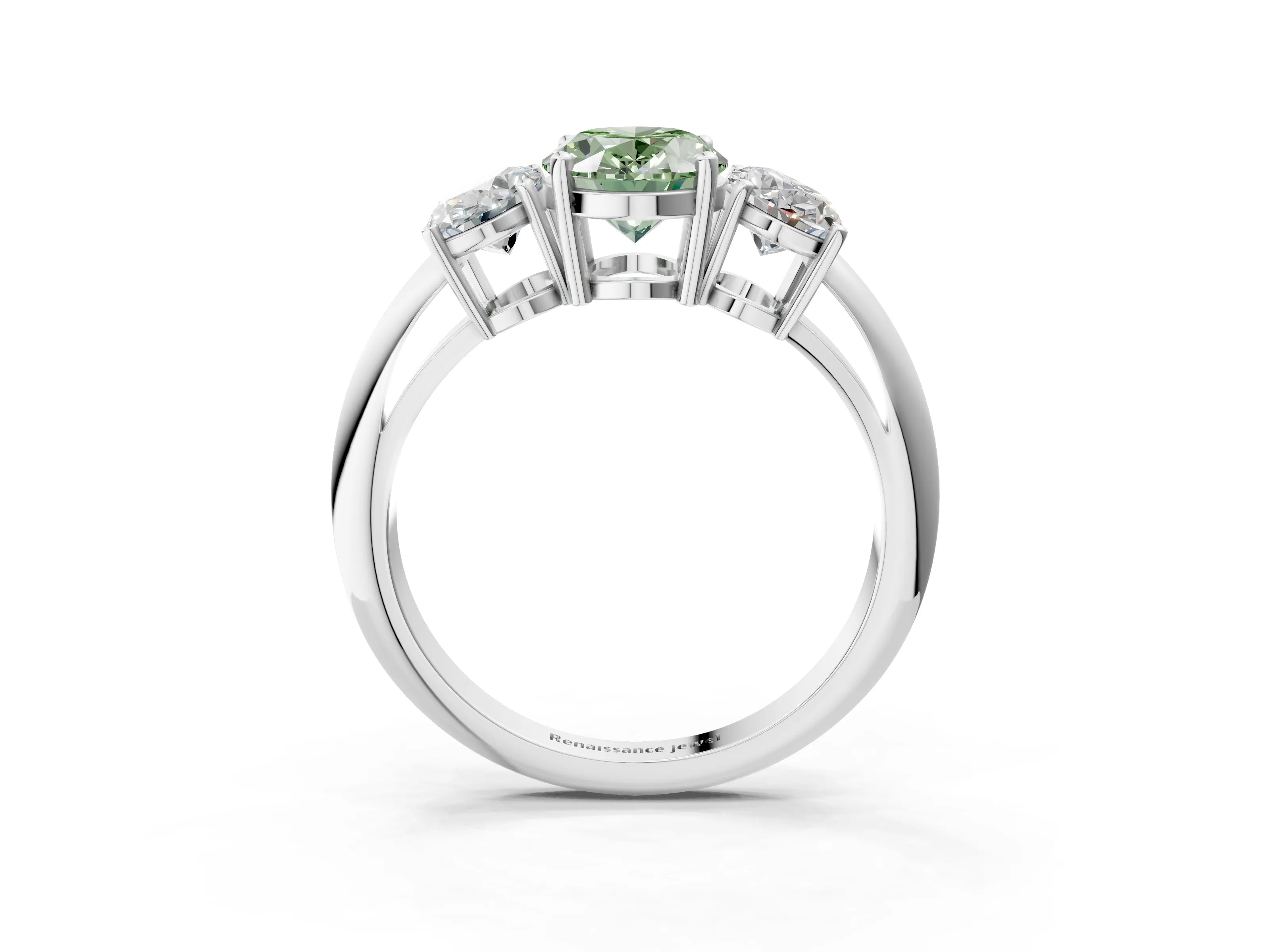 White gold Three-Stone Fancy Green Oval Cut Cut Diamond Engagement Ring with Prong Setting on a White Gold Band_15