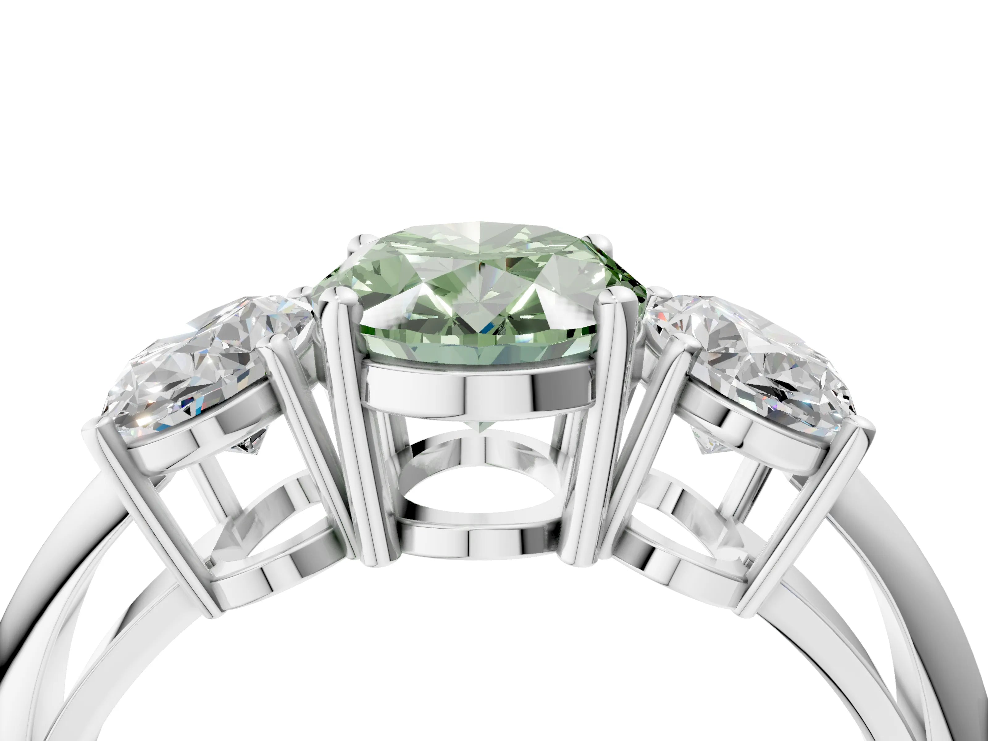 White gold Three-Stone Fancy Green Oval Cut Cut Diamond Engagement Ring with Prong Setting on a White Gold Band_16