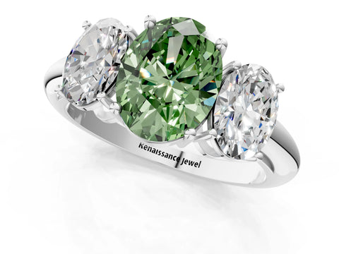 White gold Three-Stone Fancy Green Oval Cut Cut Diamond Engagement Ring with Prong Setting on a White Gold Band_61
