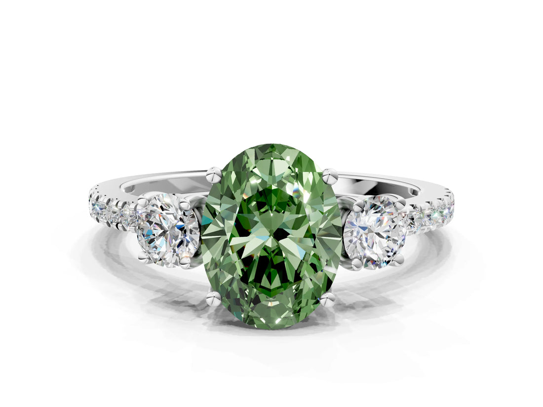 White gold Three-Stone Fancy Green Oval Cut Cut Diamond Pavé Band with Prong Setting_39