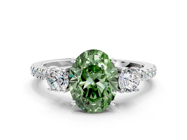 Platinum Three-Stone Fancy Green Oval Cut Cut Diamond Pavé Band with Prong Setting
