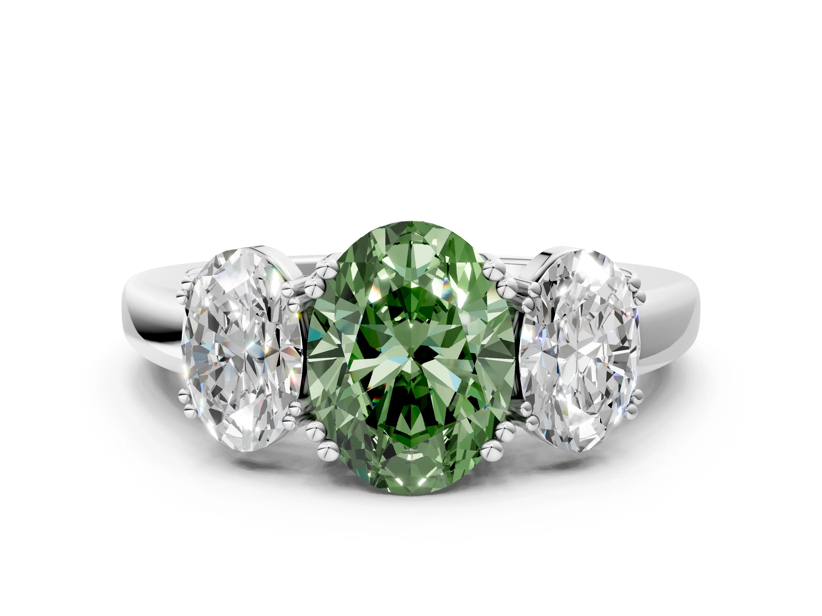 White gold Three-Stone Fancy Green Oval Cut Cut Diamond Ring with Channel Set Band and Four-Prong Setting