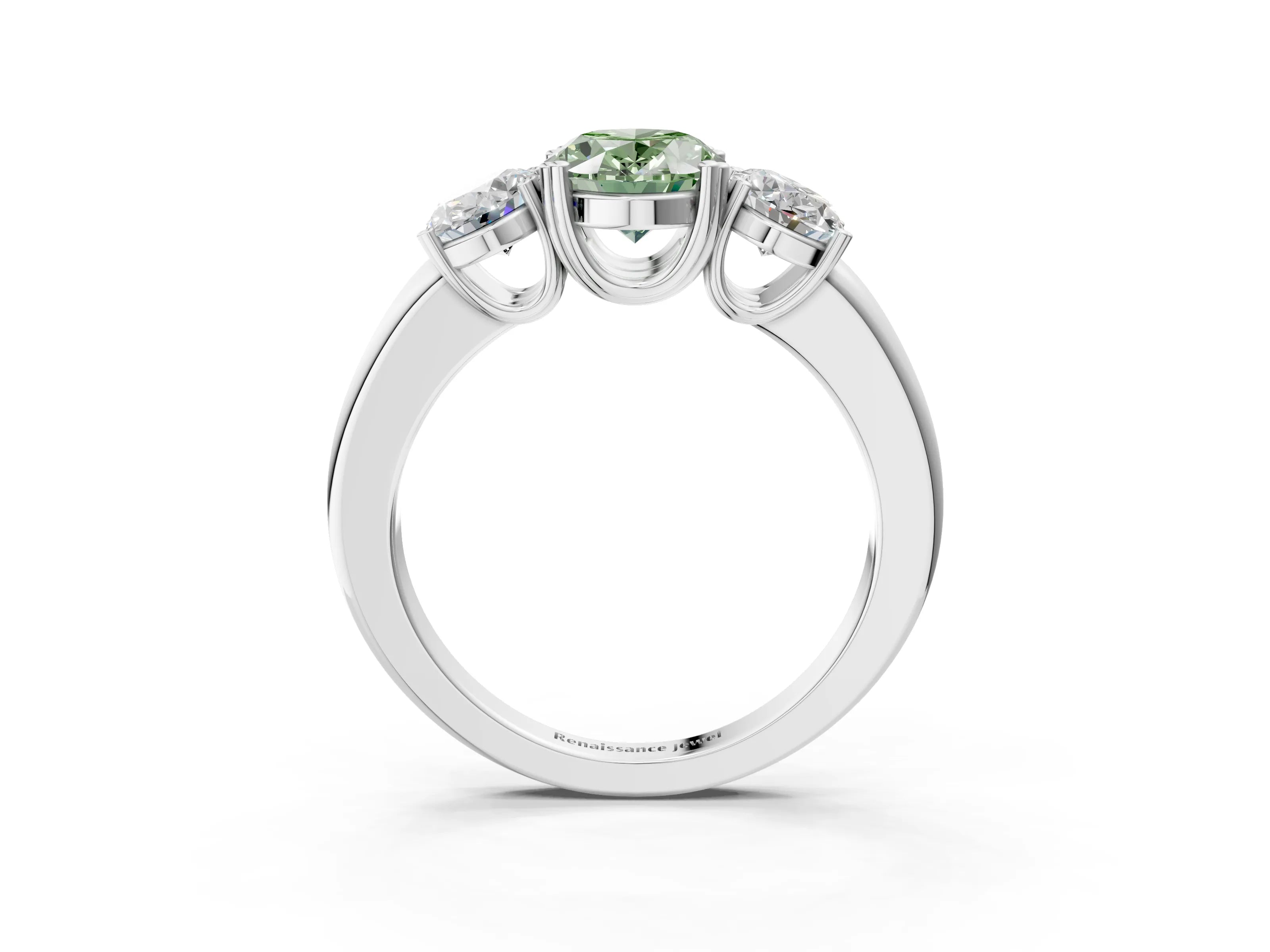 White gold Three-Stone Fancy Green Oval Cut Cut Diamond Ring with Channel Set Band and Four-Prong Setting_3