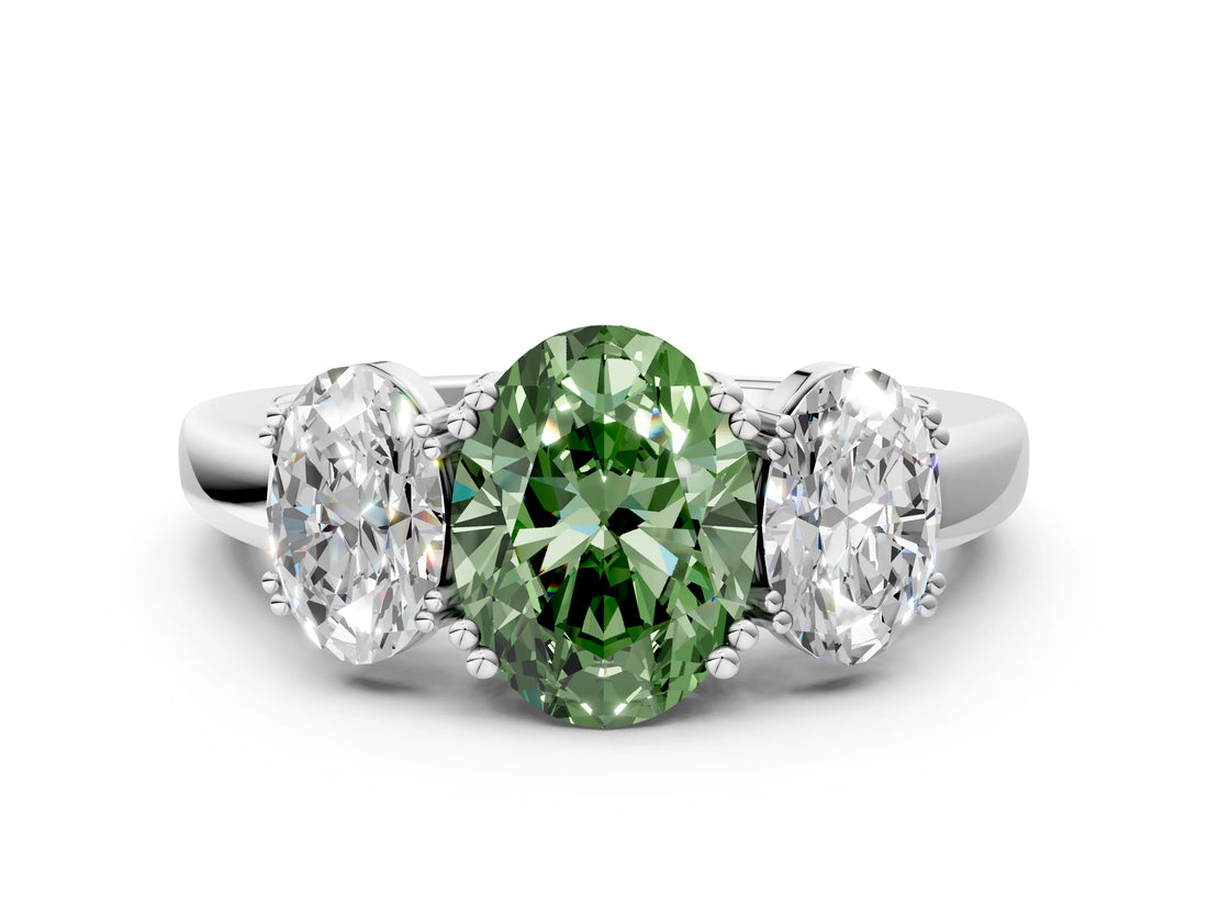 White gold Three-Stone Fancy Green Oval Cut Cut Diamond Ring with Channel Set Band and Four-Prong Setting_48