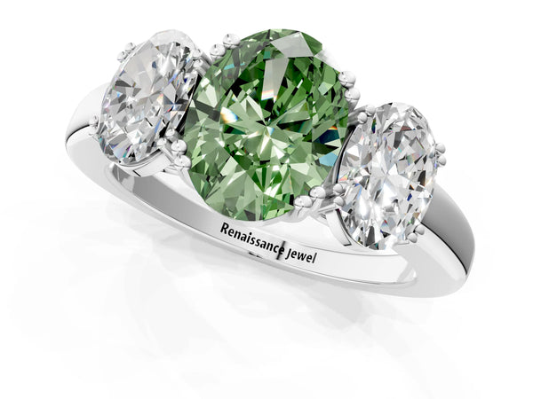 White gold Three-Stone Fancy Green Oval Cut Cut Diamond Ring with Channel Set Band and Four-Prong Setting