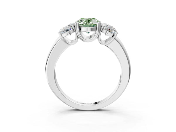 White gold Three-Stone Fancy Green Oval Cut Cut Diamond Ring with Channel Set Band and Four-Prong Setting