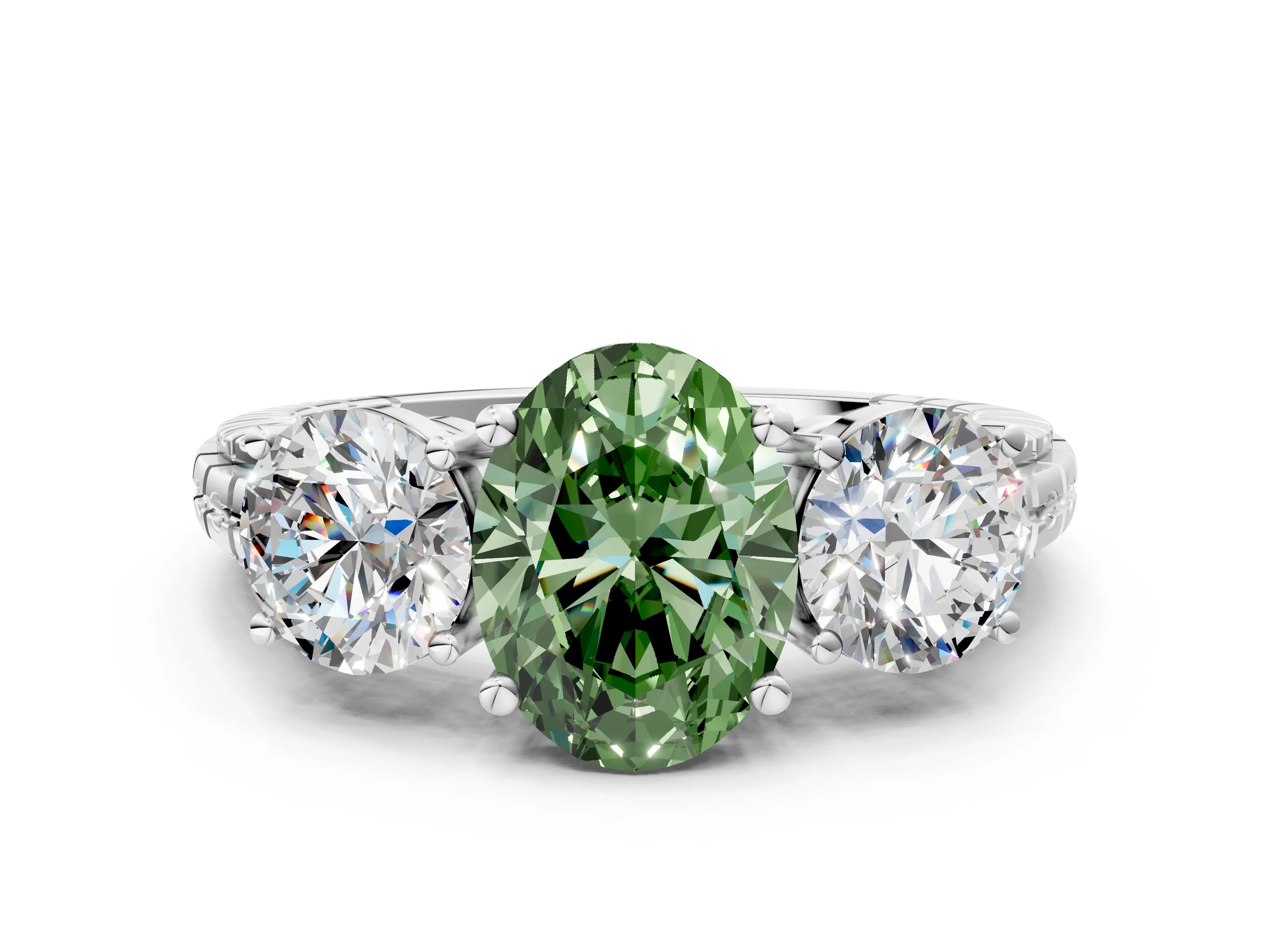 White gold Three-Stone Fancy Green Oval Cut Cut Diamond Ring with Channel-Set Band and Prong Setting