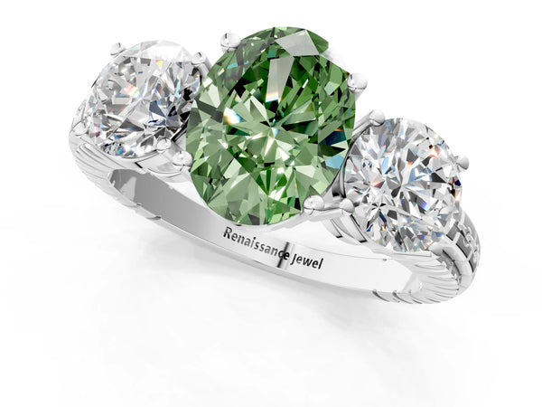 White gold Three-Stone Fancy Green Oval Cut Cut Diamond Ring with Channel-Set Band and Prong Setting