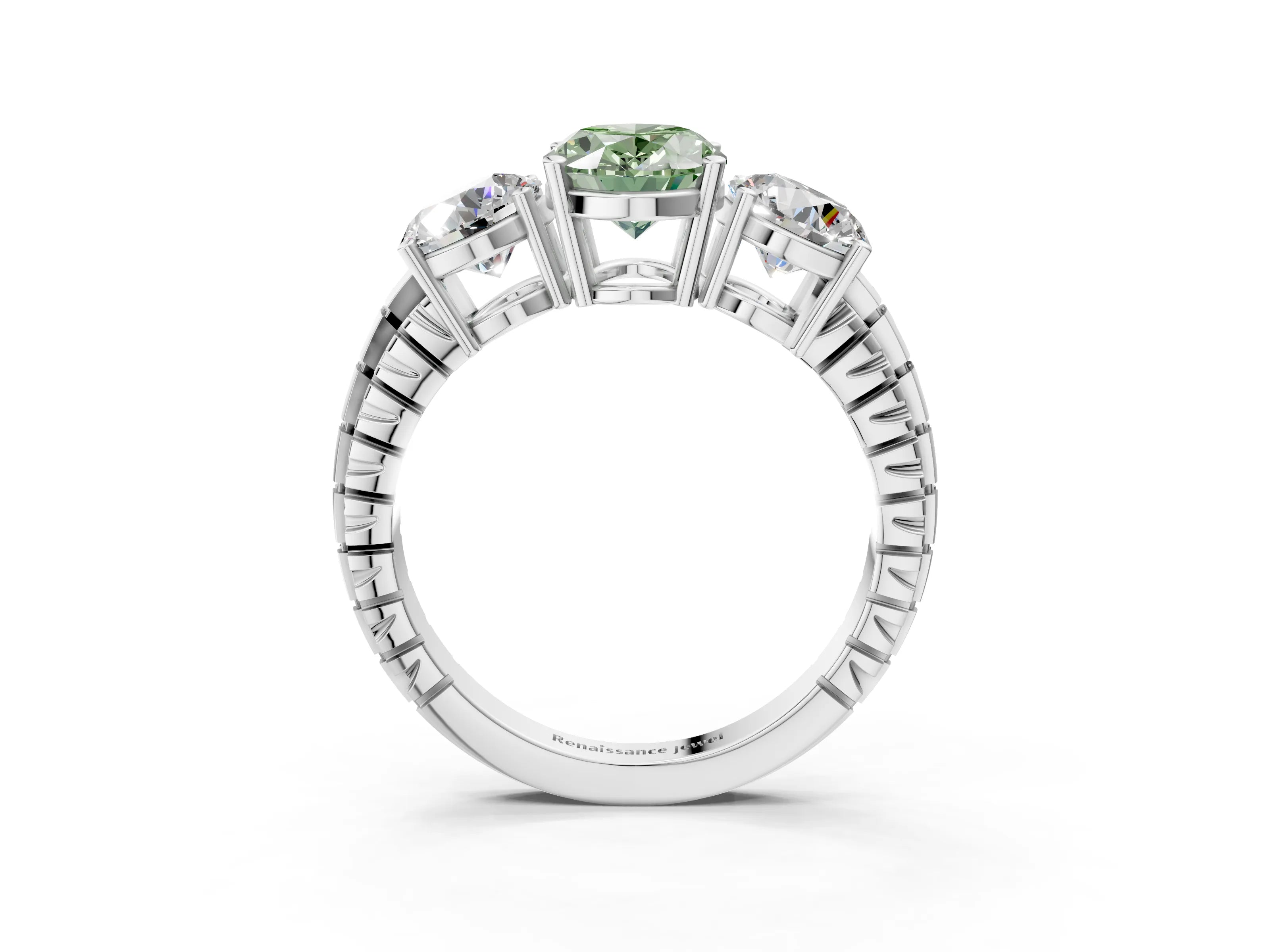 White gold Three-Stone Fancy Green Oval Cut Cut Diamond Ring with Channel-Set Band and Prong Setting_3