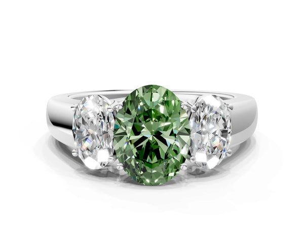 Platinum Three-Stone Fancy Green Oval Cut Cut Diamond Ring with Prong Setting and Classic Band