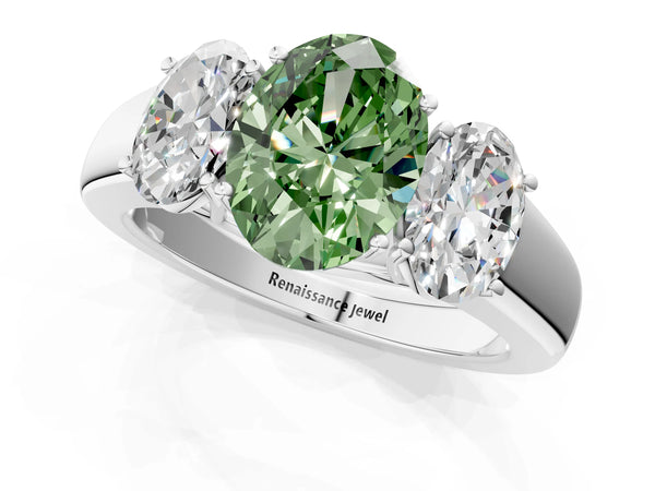 Platinum Three-Stone Fancy Green Oval Cut Cut Diamond Ring with Prong Setting and Classic Band