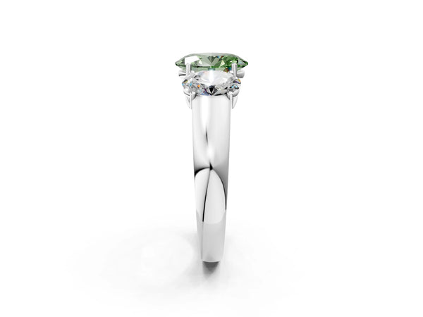 Platinum Three-Stone Fancy Green Oval Cut Cut Diamond Ring with Prong Setting and Classic Band
