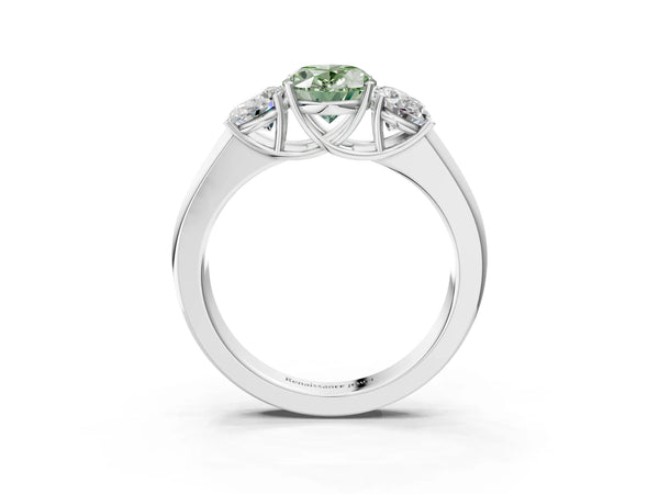 Platinum Three-Stone Fancy Green Oval Cut Cut Diamond Ring with Prong Setting and Classic Band