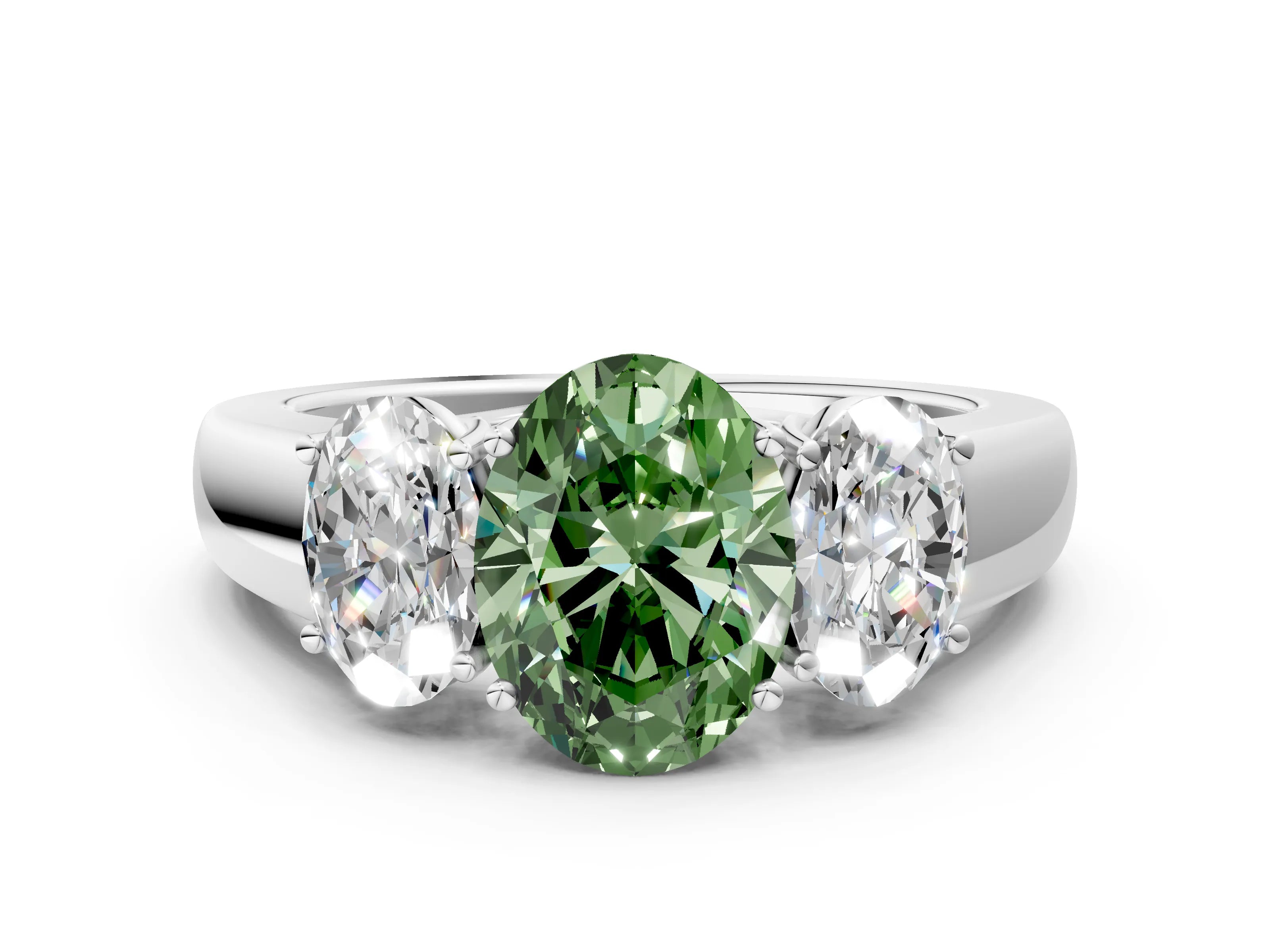White gold Three-Stone Fancy Green Oval Cut Cut Diamond Ring with Prong Setting and Classic Band