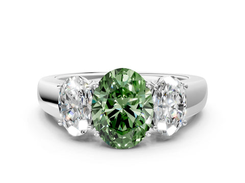 White gold Three-Stone Fancy Green Oval Cut Cut Diamond Ring with Prong Setting and Classic Band