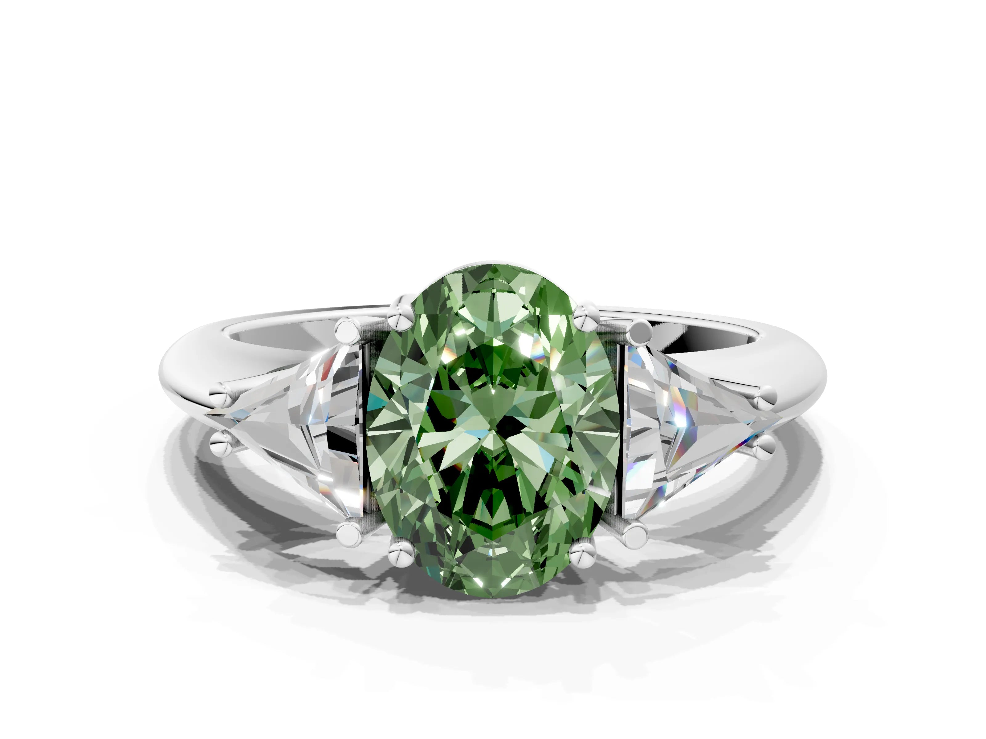 White gold Three-Stone Fancy Green Oval Cut Cut Diamond Ring with Trillion Side Stones and Four-Prong Setting_11