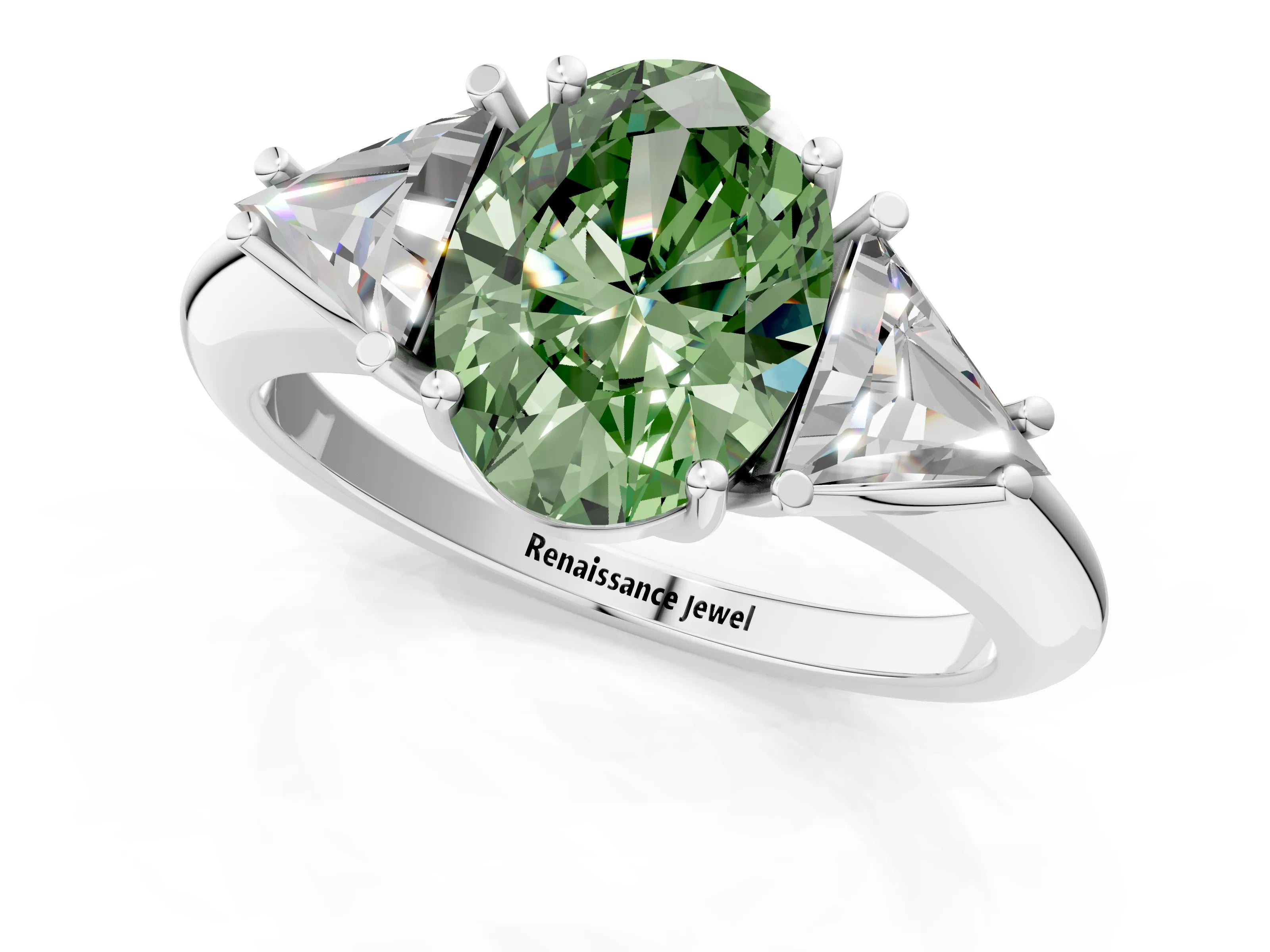 White gold Three-Stone Fancy Green Oval Cut Cut Diamond Ring with Trillion Side Stones and Four-Prong Setting_12