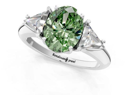White gold Three-Stone Fancy Green Oval Cut Cut Diamond Ring with Trillion Side Stones and Four-Prong Setting_12