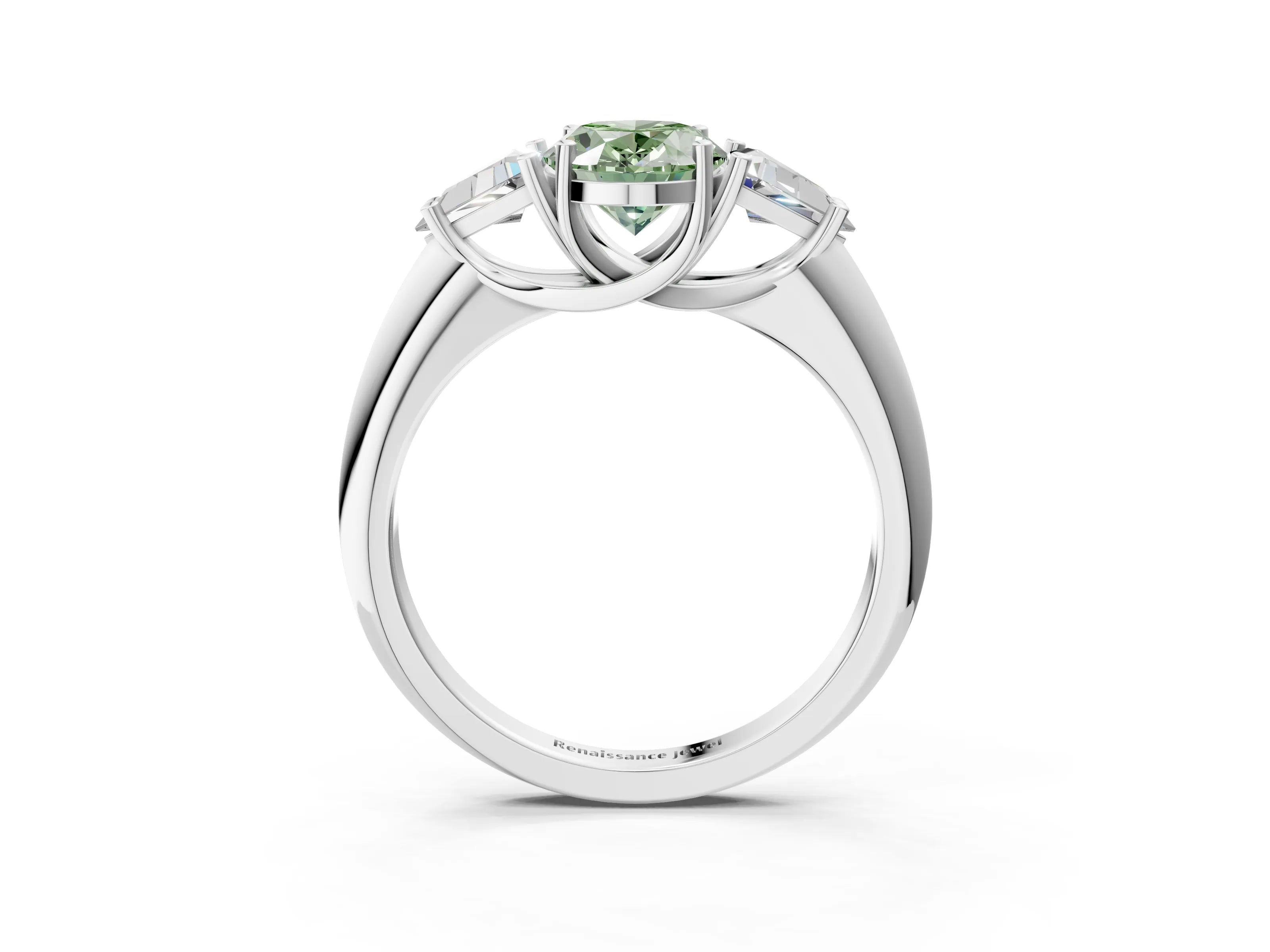 White gold Three-Stone Fancy Green Oval Cut Cut Diamond Ring with Trillion Side Stones and Four-Prong Setting_14