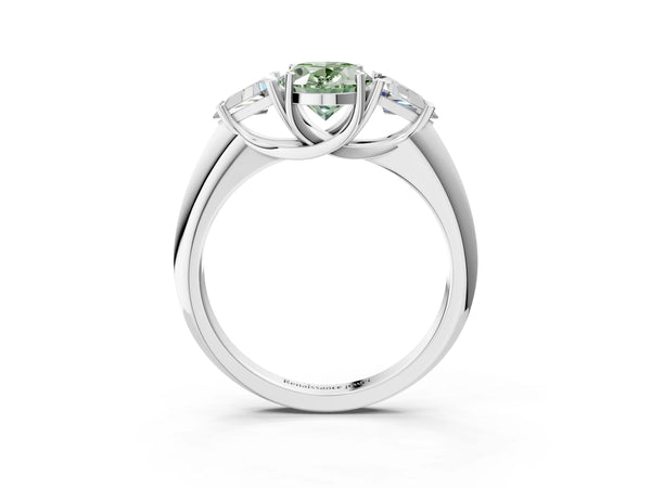 White gold Three-Stone Fancy Green Oval Cut Cut Diamond Ring with Trillion Side Stones and Four-Prong Setting
